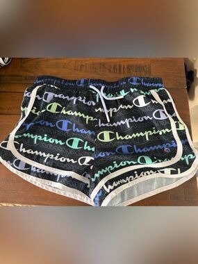 Champion Black Athletic Shorts with Multicolor Logo Print